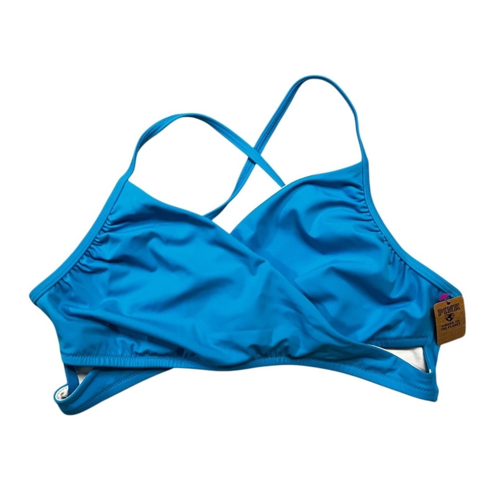 Victorias Secret PINK Bikini Top Blue Criss Cross Wrap Swim Tie Back XXL Cut Out